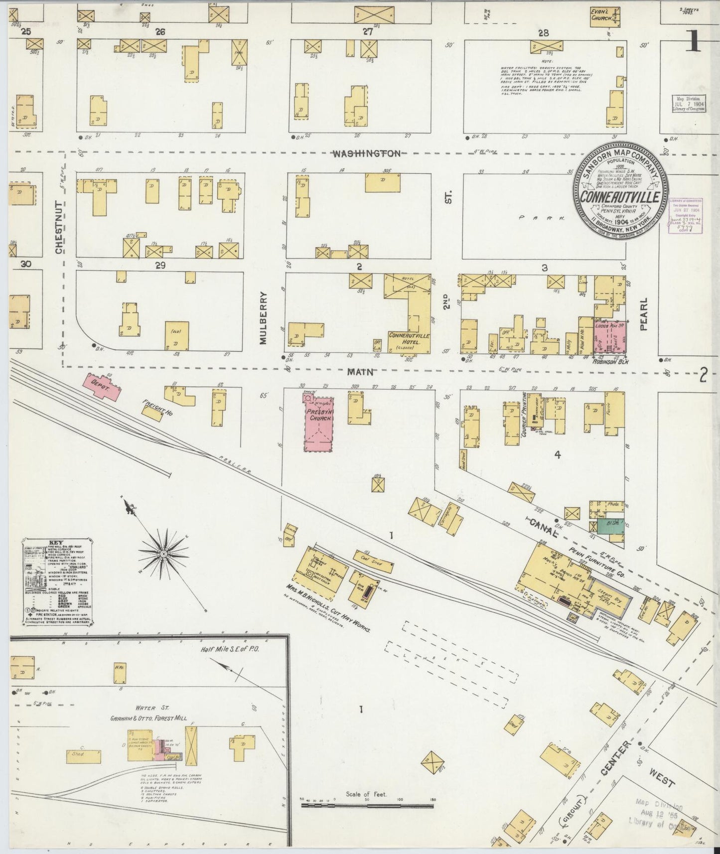 Sanborn Fire Insurance Map from Conneautville, Crawford County, Pennsylvania (1904), Sheet #0001 - Historic Sanborn Fire Insurance Map Print, vintage old map wall art, antique decor, genealogy gift, Pennsylvania Pennsylvania map