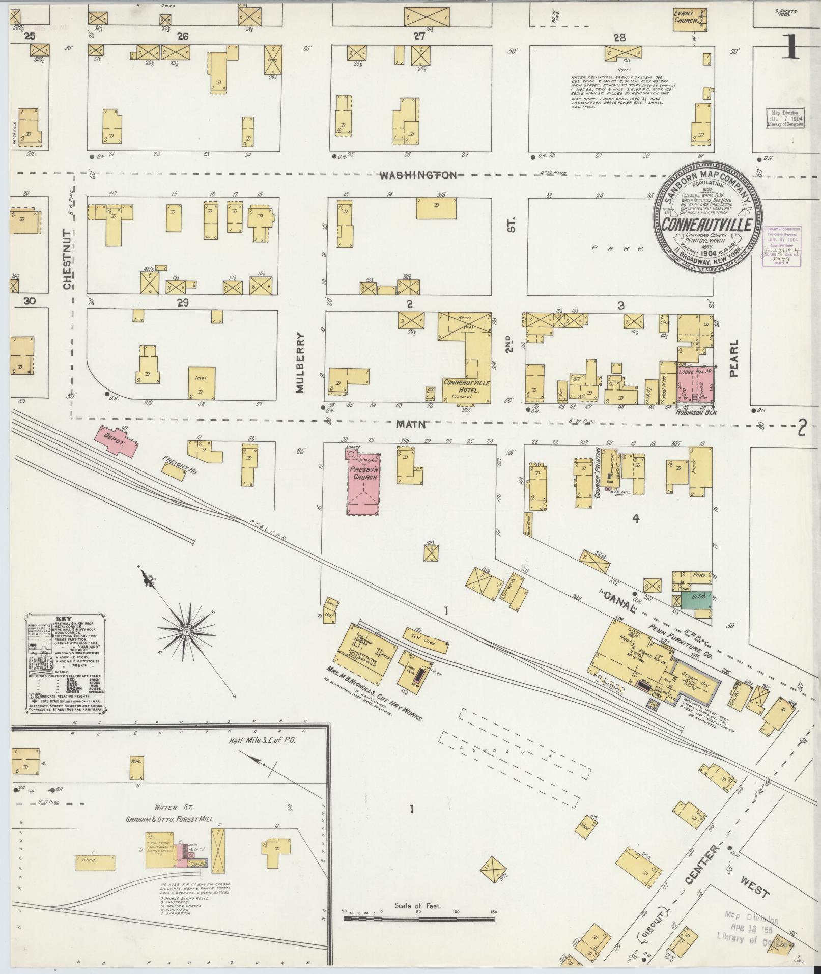 Sanborn Fire Insurance Map from Conneautville, Crawford County, Pennsylvania (1904), Sheet #0001 - Historic Sanborn Fire Insurance Map Print, vintage old map wall art, antique decor, genealogy gift, Pennsylvania Pennsylvania map