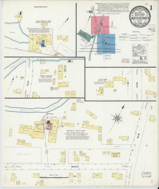 Sanborn Fire Insurance Map from North Berwick, York County, Maine (1909), Sheet #0001 - Historic Sanborn Fire Insurance Map Print, vintage old map wall art, antique decor, genealogy gift, Maine Maine map