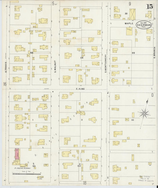 Sanborn Fire Insurance Map from Sherman, Grayson County, Texas (1897), Sheet #0015 - Historic Sanborn Fire Insurance Map Print, vintage old map wall art, antique decor, genealogy gift, Texas Texas map