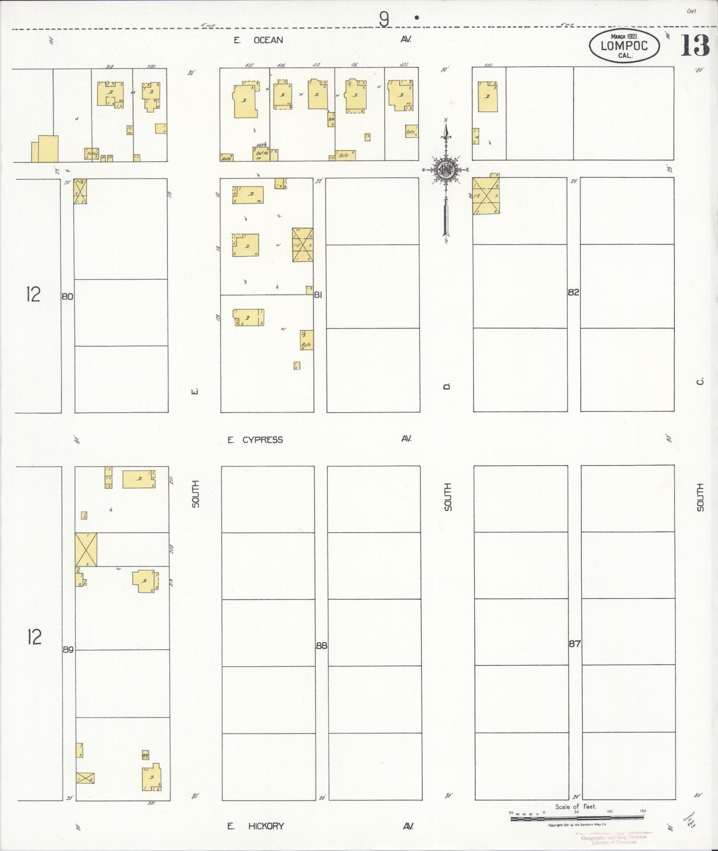 Sanborn Fire Insurance Map from Lompoc, Santa Barbara County, California (1921), Sheet #0013 - Historic Sanborn Fire Insurance Map Print, vintage old map wall art, antique decor, genealogy gift, California California map