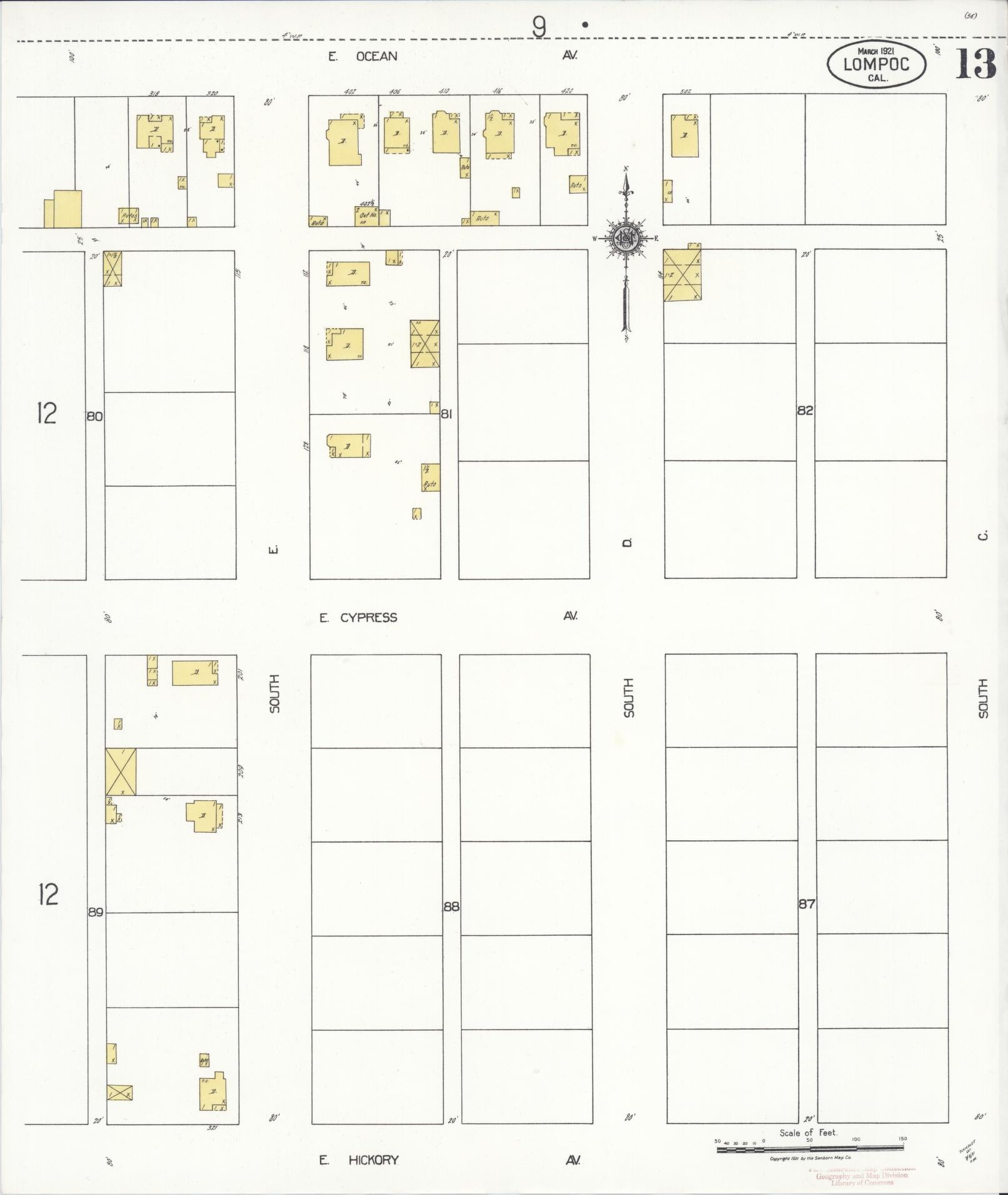 Sanborn Fire Insurance Map from Lompoc, Santa Barbara County, California (1921), Sheet #0013 - Historic Sanborn Fire Insurance Map Print, vintage old map wall art, antique decor, genealogy gift, California California map
