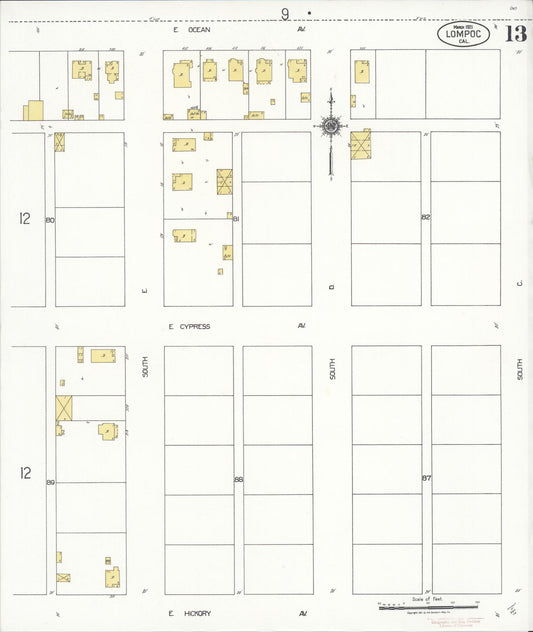 Sanborn Fire Insurance Map from Lompoc, Santa Barbara County, California (1921), Sheet #0013 - Historic Sanborn Fire Insurance Map Print, vintage old map wall art, antique decor, genealogy gift, California California map