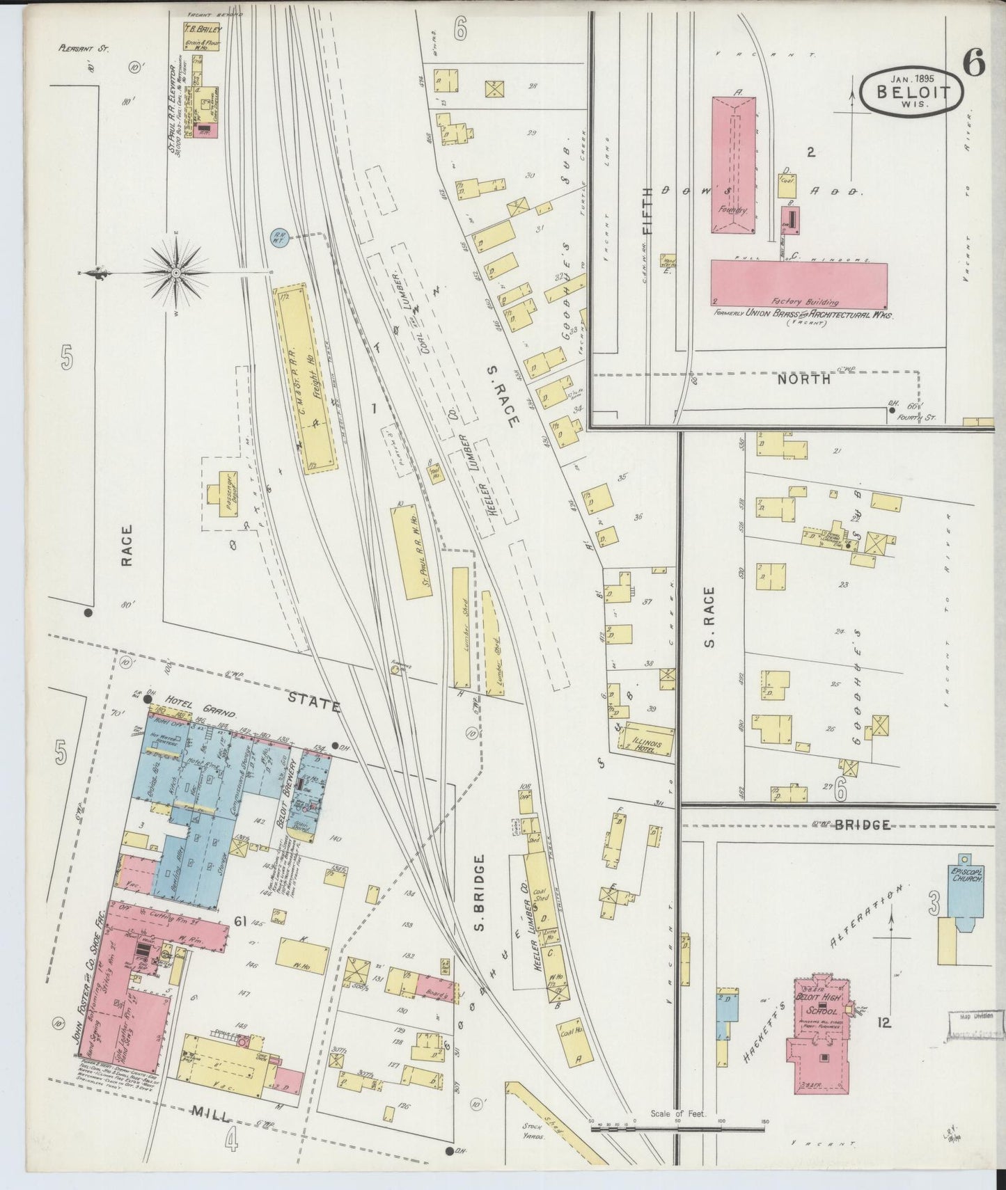 Sanborn Fire Insurance Map from Beloit, Rock County, Wisconsin (1895), Sheet #0006 - Historic Sanborn Fire Insurance Map Print, vintage old map wall art, antique decor, genealogy gift, Wisconsin Wisconsin map