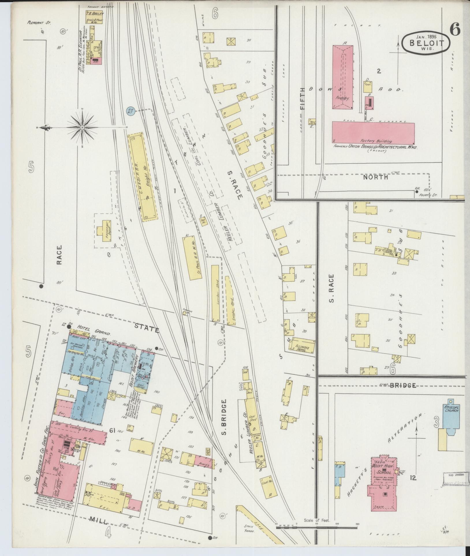 Sanborn Fire Insurance Map from Beloit, Rock County, Wisconsin (1895), Sheet #0006 - Historic Sanborn Fire Insurance Map Print, vintage old map wall art, antique decor, genealogy gift, Wisconsin Wisconsin map