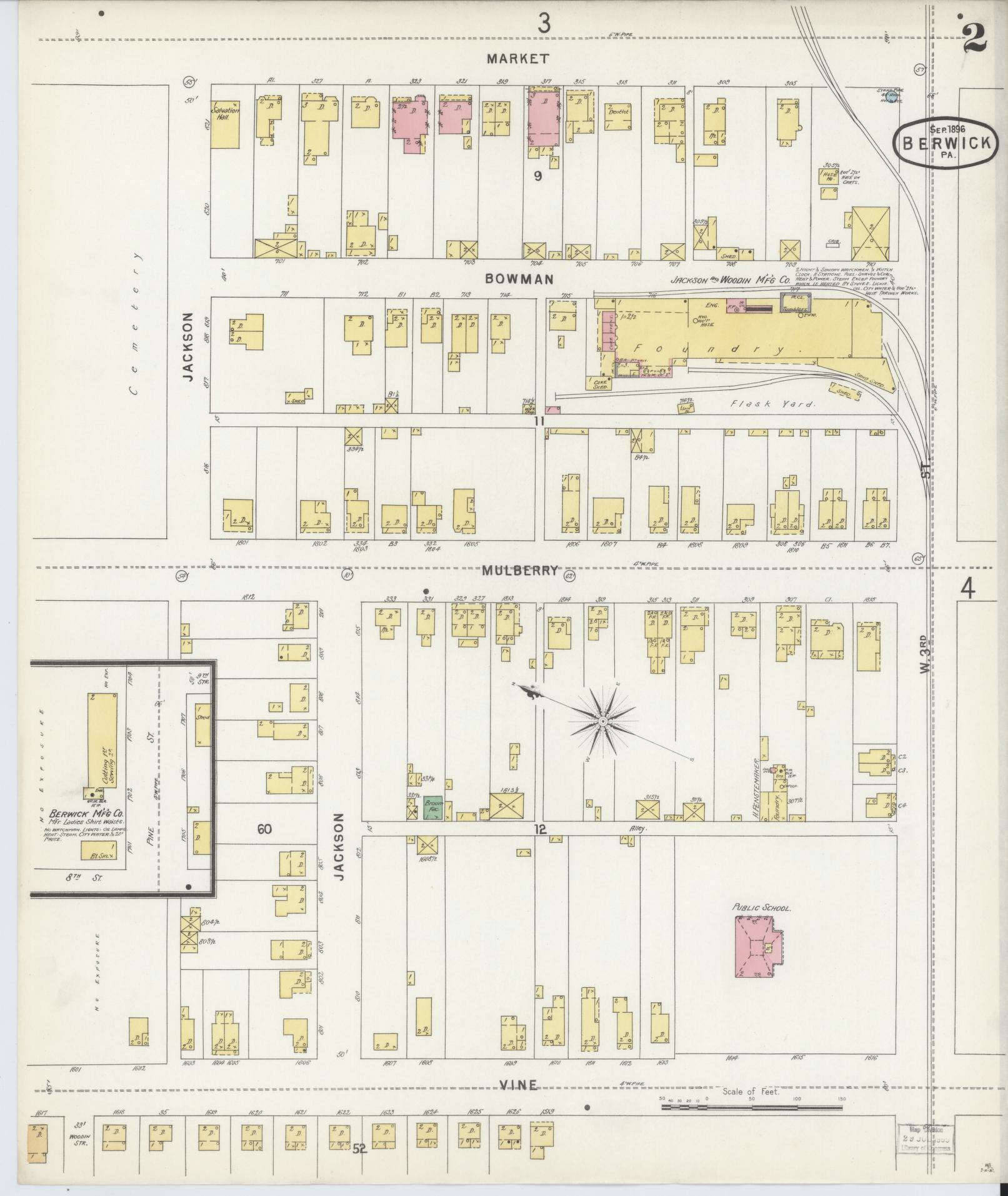 Sanborn Fire Insurance Map from Berwick, Columbia County, Pennsylvania (1896), Sheet #0002 - Historic Sanborn Fire Insurance Map Print, vintage old map wall art, antique decor, genealogy gift, Pennsylvania Pennsylvania map