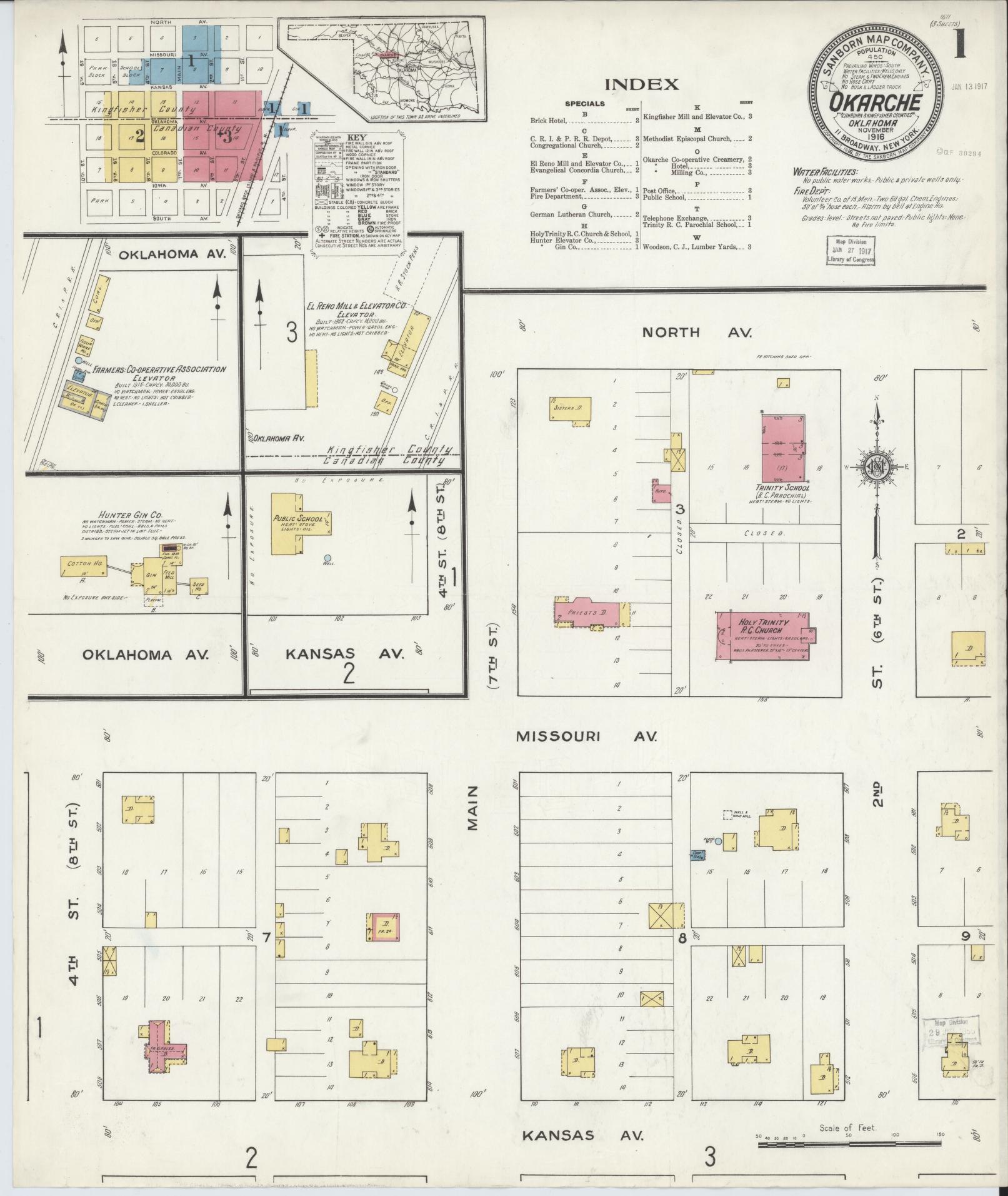 Sanborn Fire Insurance Map from Okarche, Kingfisher and Canadian Counties, Oklahoma (1916), Sheet #0001 - Historic Sanborn Fire Insurance Map Print, vintage old map wall art, antique decor, genealogy gift, Oklahoma Oklahoma map