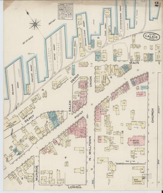 Sanborn Fire Insurance Map from Calais, Washington County, Maine (1884), Sheet #0002 - Historic Sanborn Fire Insurance Map Print, vintage old map wall art, antique decor, genealogy gift, Maine Maine map