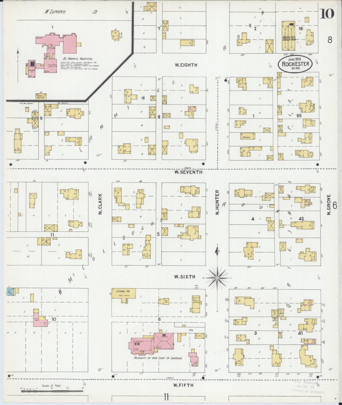 Sanborn Fire Insurance Map from Rochester, Olmsted County, Minnesota (1899), Sheet #0010 - Historic Sanborn Fire Insurance Map Print, vintage old map wall art, antique decor, genealogy gift, Minnesota Minnesota map