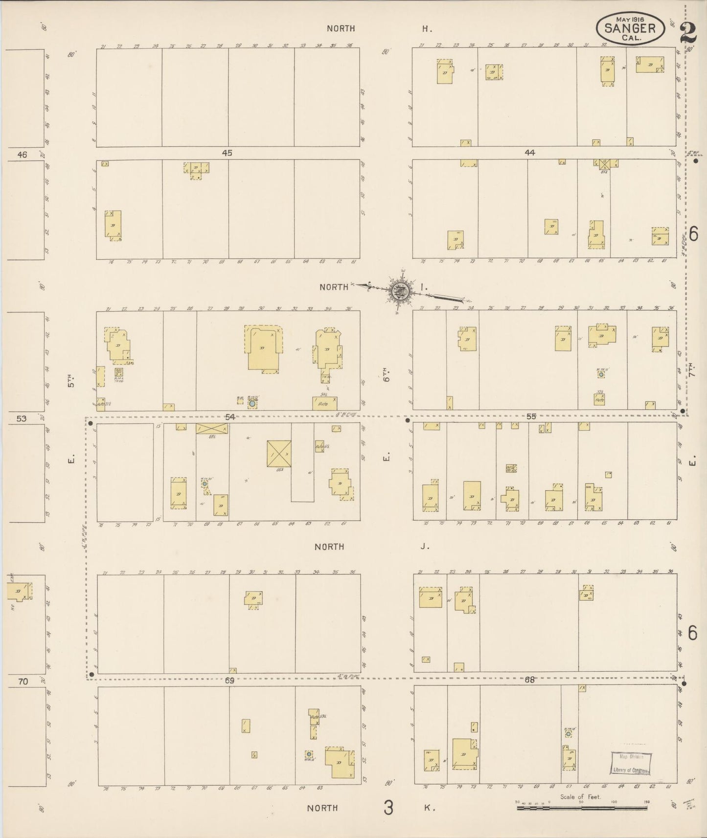 Sanborn Fire Insurance Map from Sanger, Fresno County, California (1916), Sheet #0002 - Complete Map Set gallery image, historic Sanborn map, vintage wall art, California California