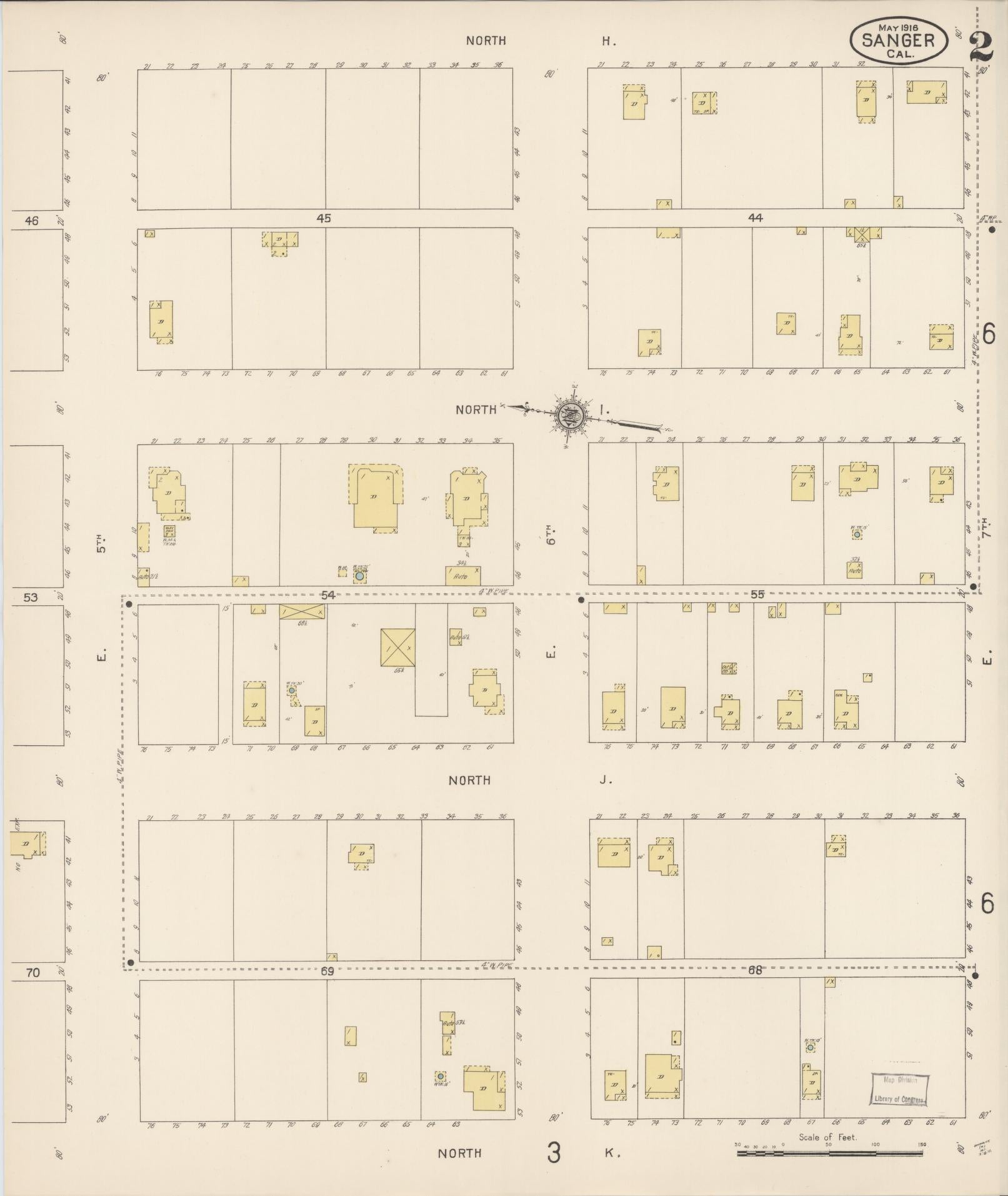 Sanborn Fire Insurance Map from Sanger, Fresno County, California (1916), Sheet #0002 - Complete Map Set gallery image, historic Sanborn map, vintage wall art, California California