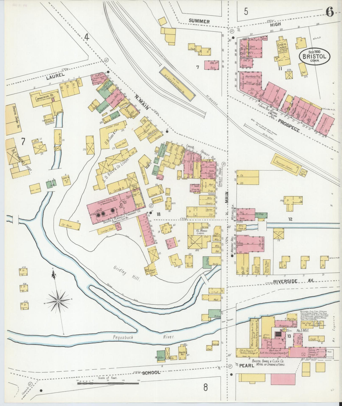 Sanborn Fire Insurance Map from Bristol, Hartford County, Connecticut (1900), Sheet #0006 - Historic Sanborn Fire Insurance Map Print, vintage old map wall art, antique decor, genealogy gift, Connecticut Connecticut map