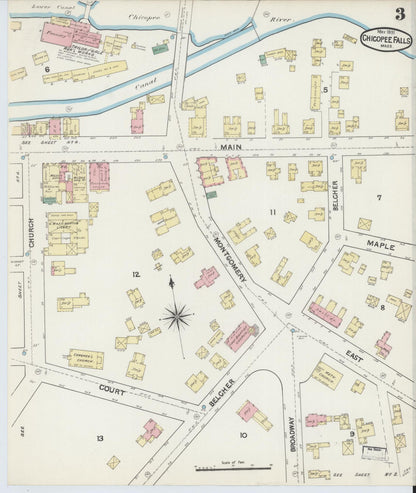 Sanborn Fire Insurance Map from Chicopee Falls, Hampden County, Massachusetts (1891), Sheet #0003 - Historic Sanborn Fire Insurance Map Print, vintage old map wall art, antique decor, genealogy gift, Massachusetts Massachusetts map