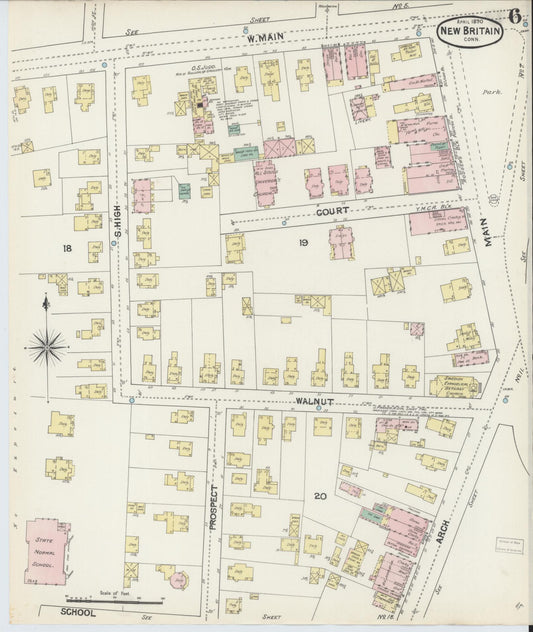 Sanborn Fire Insurance Map from New Britain, Hartford County, Connecticut (1890), Sheet #0006 - Historic Sanborn Fire Insurance Map Print, vintage old map wall art, antique decor, genealogy gift, Connecticut Connecticut map