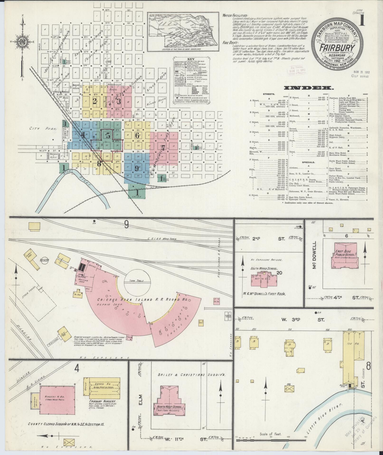 Sanborn Fire Insurance Map from Fairbury, Jefferson County, Nebraska (1912), Sheet #0001 - Complete Map Set gallery image, historic Sanborn map, vintage wall art, Nebraska Nebraska