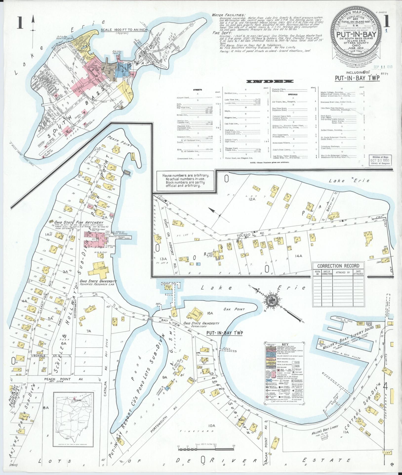 Sanborn Fire Insurance Map from Put-in-bay, Ottawa County, Ohio (1950), Sheet #0001 - Historic Sanborn Fire Insurance Map Print, vintage old map wall art, antique decor, genealogy gift, Ohio Ohio map