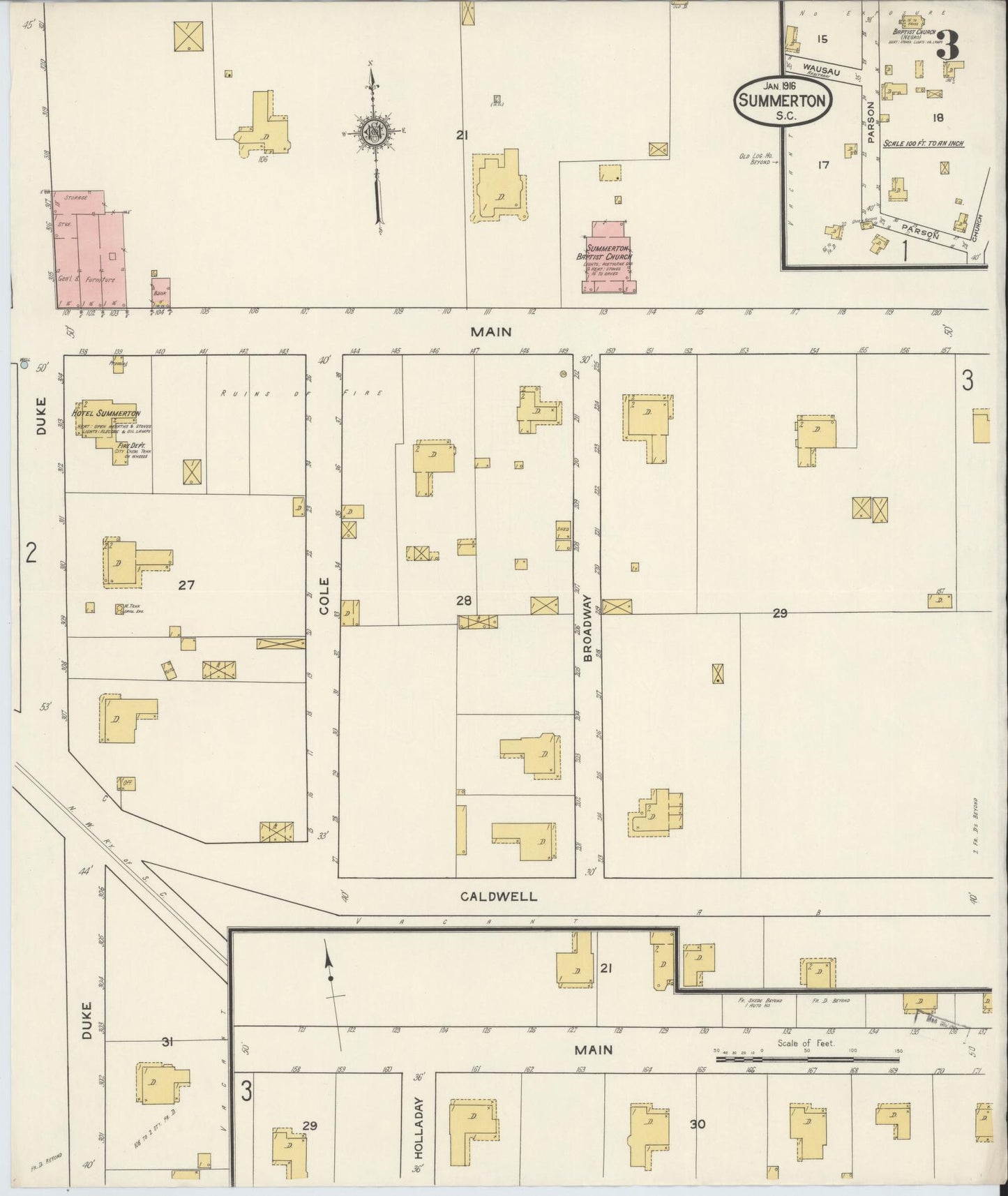 Sanborn Fire Insurance Map from Summerton, Clarendon County, South Carolina (1916), Sheet #0003 - Historic Sanborn Fire Insurance Map Print, vintage old map wall art, antique decor, genealogy gift, South Carolina South Carolina map