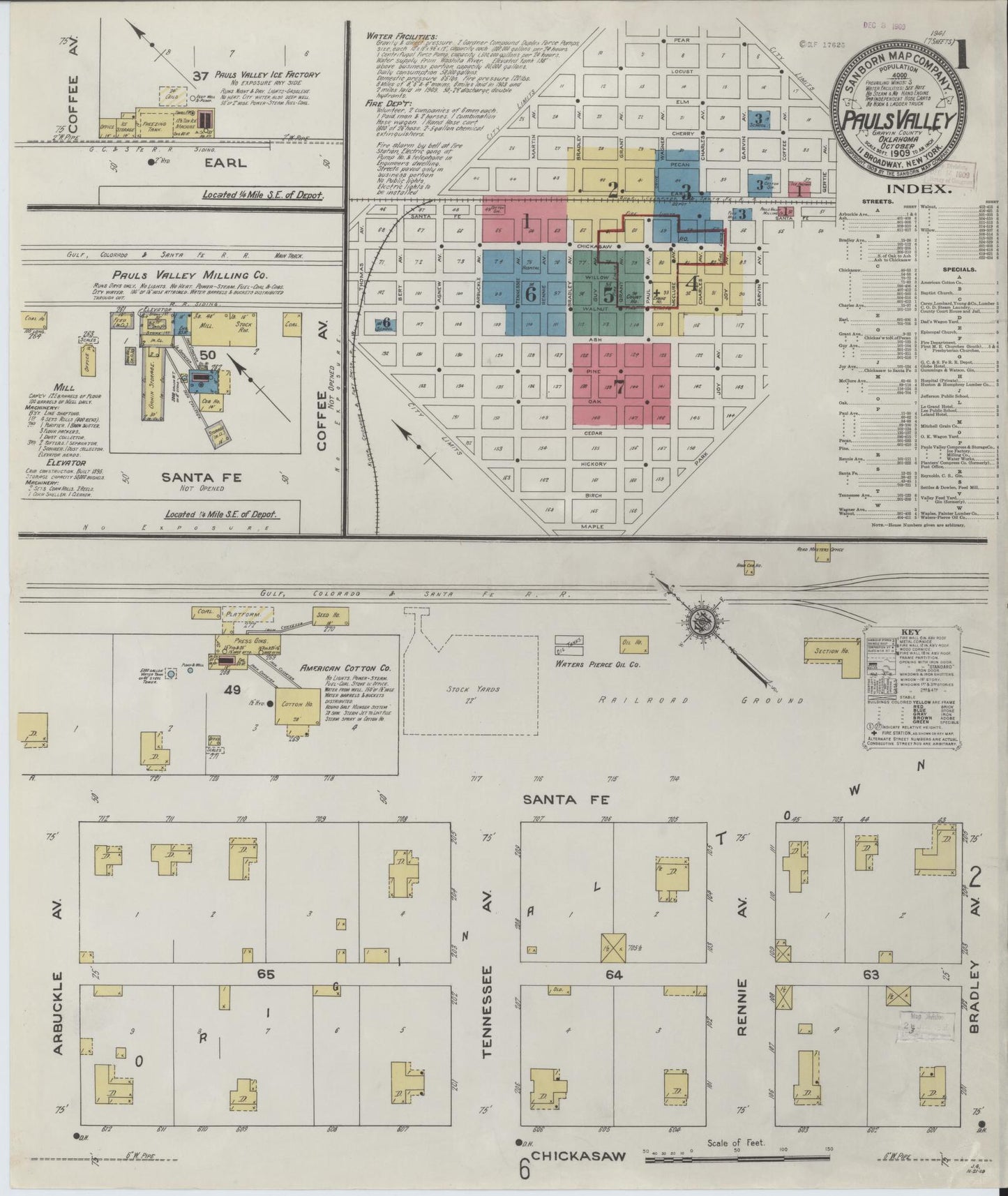 Sanborn Fire Insurance Map from Pauls Valley, Garvin County, Oklahoma (1909), Sheet #0001 - Complete Map Set gallery image, historic Sanborn map, vintage wall art, Oklahoma Oklahoma