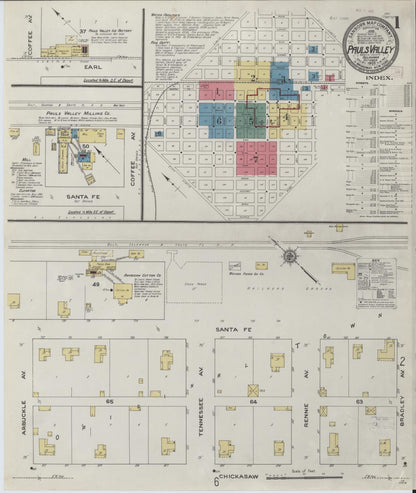 Sanborn Fire Insurance Map from Pauls Valley, Garvin County, Oklahoma (1909), Sheet #0001 - Complete Map Set gallery image, historic Sanborn map, vintage wall art, Oklahoma Oklahoma