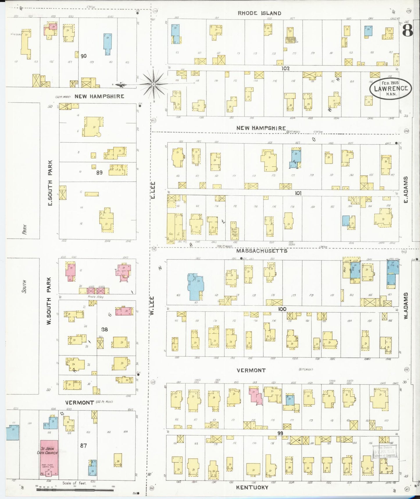 Sanborn Fire Insurance Map from Lawrence, Douglas County, Kansas (1905), Sheet #0008 - Complete Map Set gallery image, historic Sanborn map, vintage wall art, Kansas Kansas