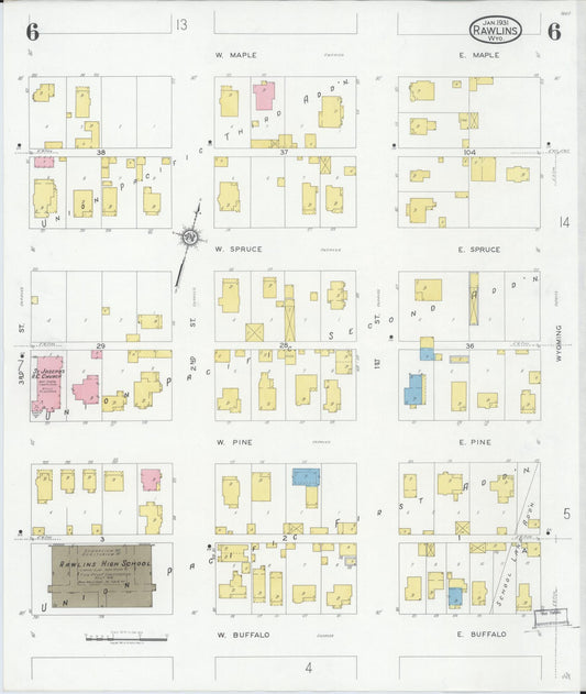 Sanborn Fire Insurance Map from Rawlins, Carbon County, Wyoming (1931), Sheet #0006 - Historic Sanborn Fire Insurance Map Print, vintage old map wall art, antique decor, genealogy gift, Wyoming Wyoming map