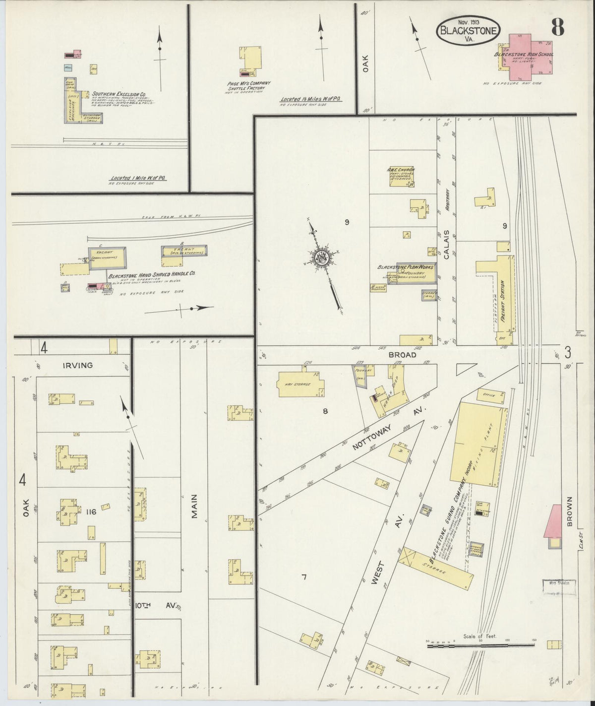 Sanborn Fire Insurance Map from Blackstone, Nottoway County, Virginia (1913), Sheet #0008 - Complete Map Set gallery image, historic Sanborn map, vintage wall art, Virginia Virginia