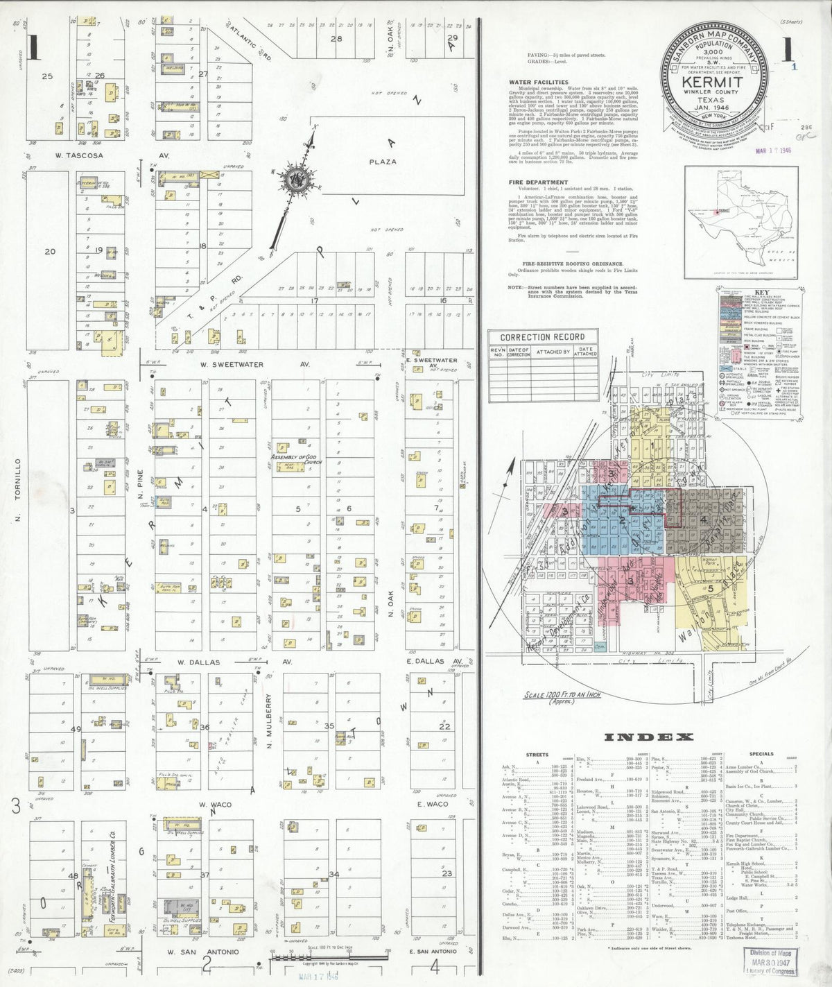 Sanborn Fire Insurance Map from Kermit, Winkler County, Texas (1946), Sheet #0001 - Complete Map Set gallery image, historic Sanborn map, vintage wall art, Texas Texas