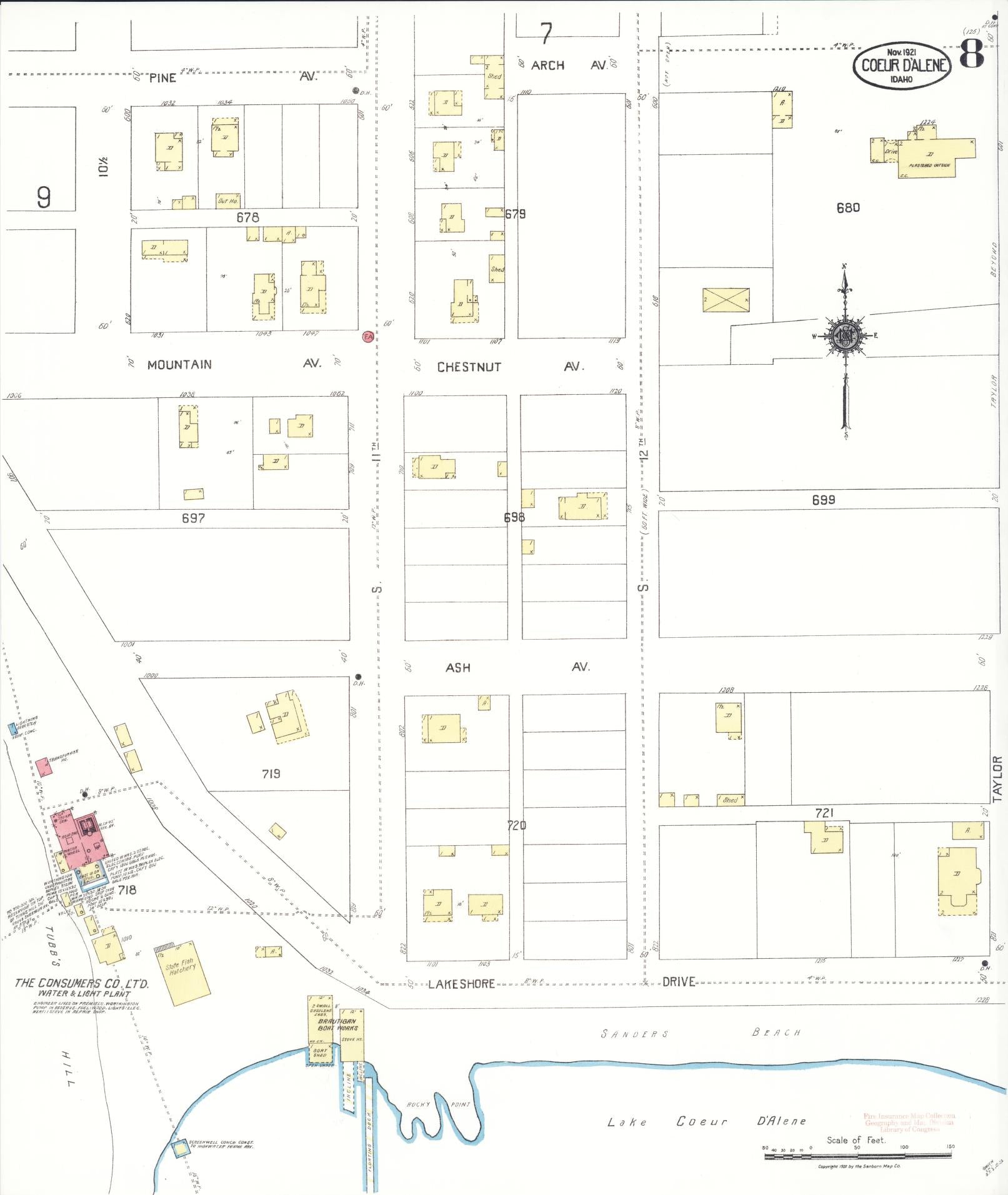 Sanborn Fire Insurance Map from Coeur D'alene, Kootenai County, Idaho (1921), Sheet #0008 - Complete Map Set gallery image, historic Sanborn map, vintage wall art, Idaho Idaho