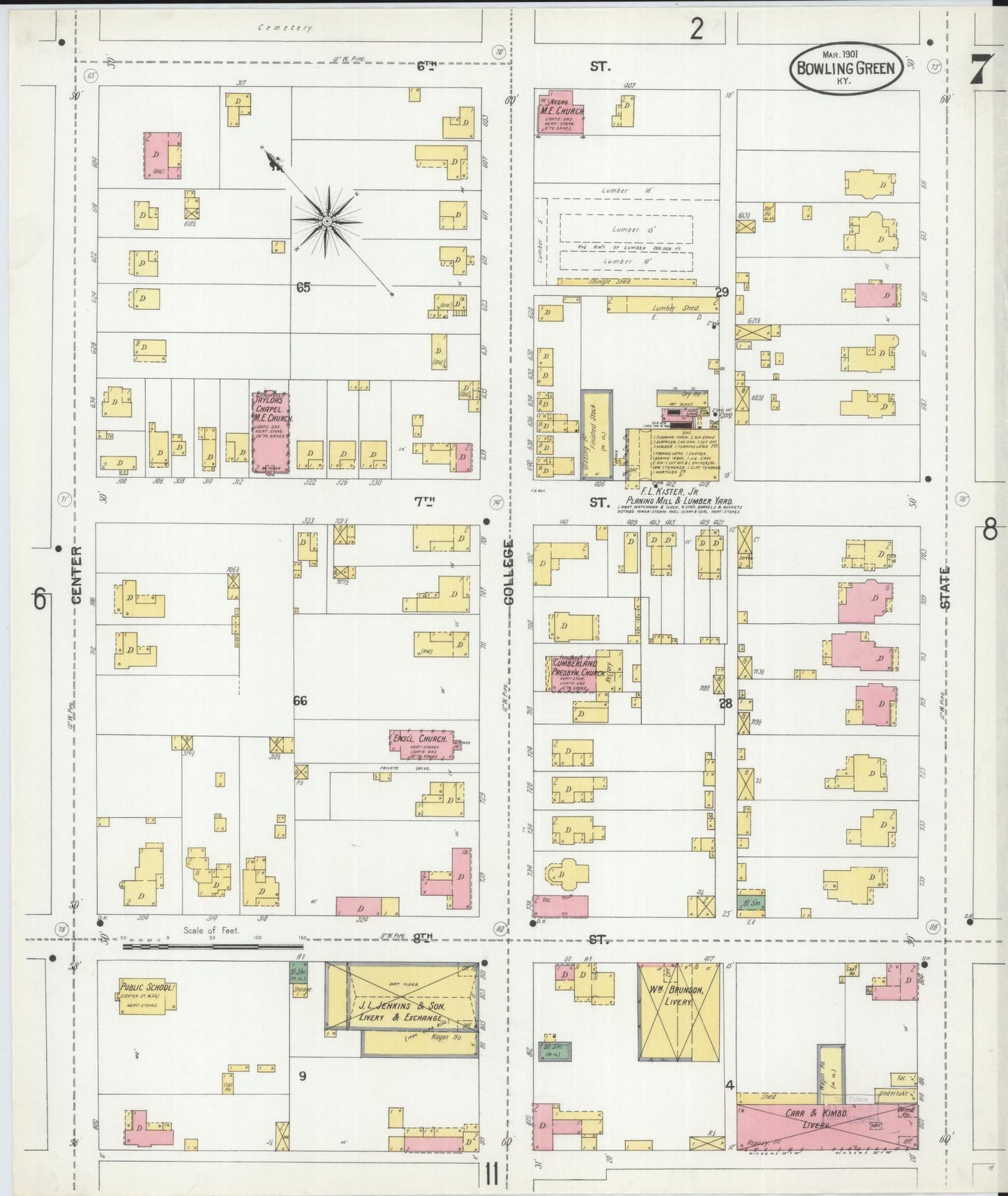 Sanborn Fire Insurance Map from Bowling Green, Warren County, Kentucky (1901), Sheet #0007 - Complete Map Set gallery image, historic Sanborn map, vintage wall art, Kentucky Kentucky
