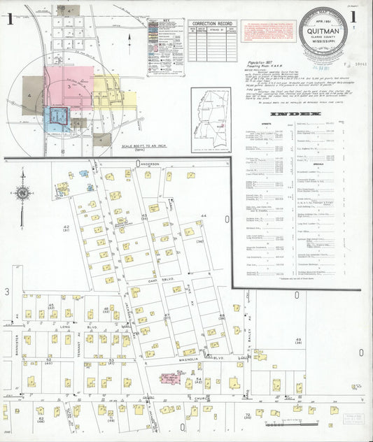 Sanborn Fire Insurance Map from Quitman, Clarke County, Mississippi (1951), Sheet #0001 - Historic Sanborn Fire Insurance Map Print, vintage old map wall art, antique decor, genealogy gift, Mississippi Mississippi map