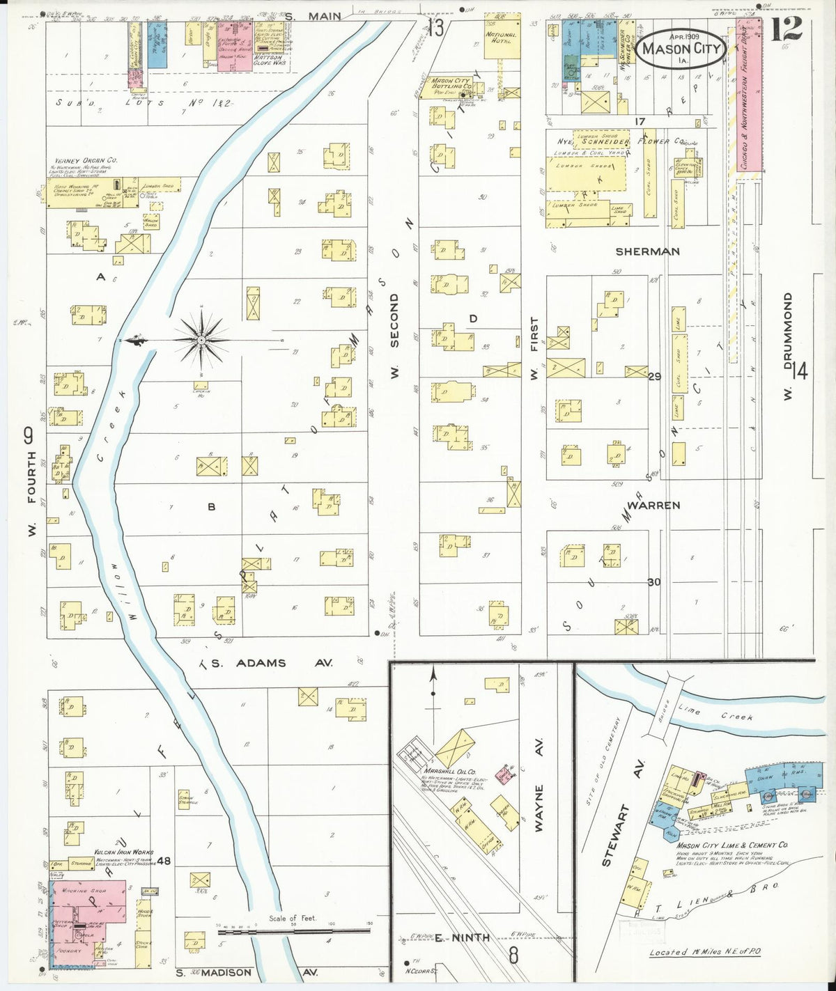 Sanborn Fire Insurance Map from Mason City, Cerro Gordo County, Iowa (1909), Sheet #0012 - Historic Sanborn Fire Insurance Map Print, vintage old map wall art