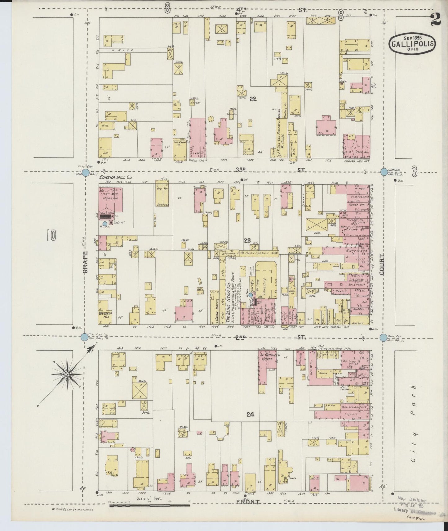 Sanborn Fire Insurance Map from Gallipolis, Gallia County, Ohio (1895), Sheet #0002 - Historic Sanborn Fire Insurance Map Print, vintage old map wall art, antique decor, genealogy gift, Ohio Ohio map