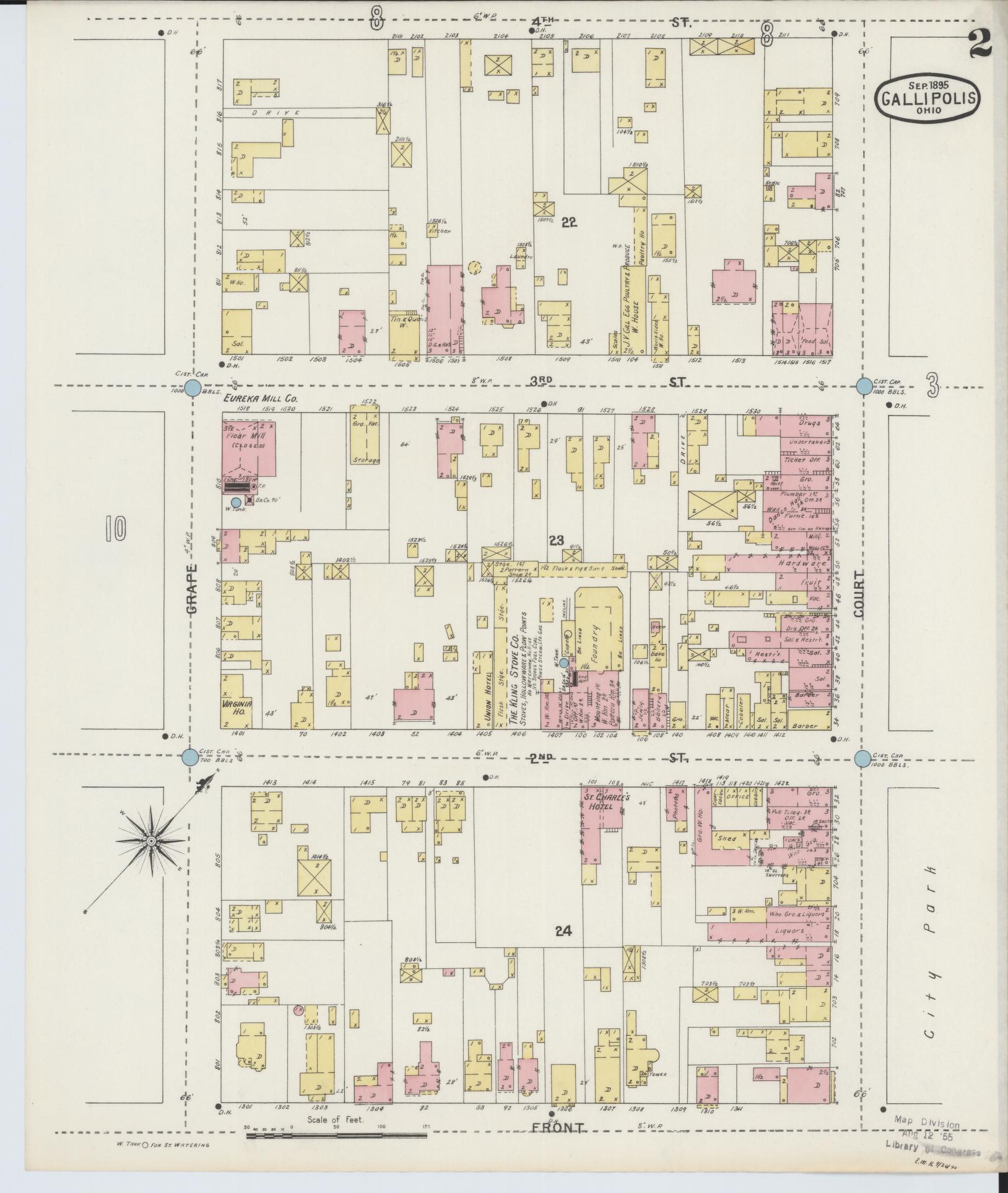 Sanborn Fire Insurance Map from Gallipolis, Gallia County, Ohio (1895), Sheet #0002 - Historic Sanborn Fire Insurance Map Print, vintage old map wall art, antique decor, genealogy gift, Ohio Ohio map