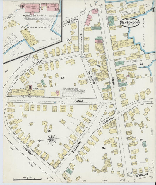 Sanborn Fire Insurance Map from New London, New London County, Connecticut (1891), Sheet #0004 - Historic Sanborn Fire Insurance Map Print, vintage old map wall art, antique decor, genealogy gift, Connecticut Connecticut map