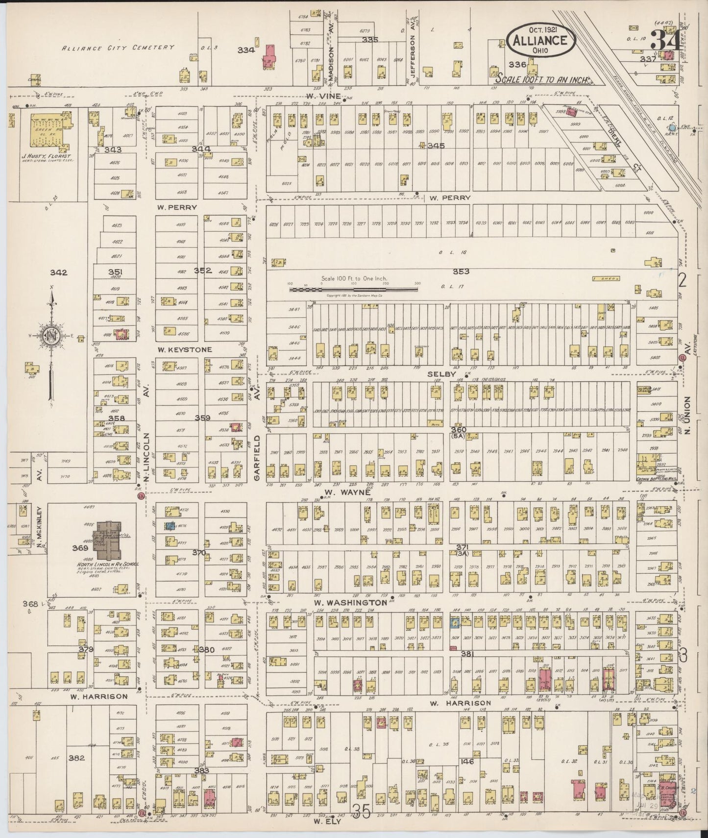Sanborn Fire Insurance Map from Alliance, Stark County, Ohio (1921), Sheet #0034 - Complete Map Set gallery image, historic Sanborn map, vintage wall art, Ohio Ohio