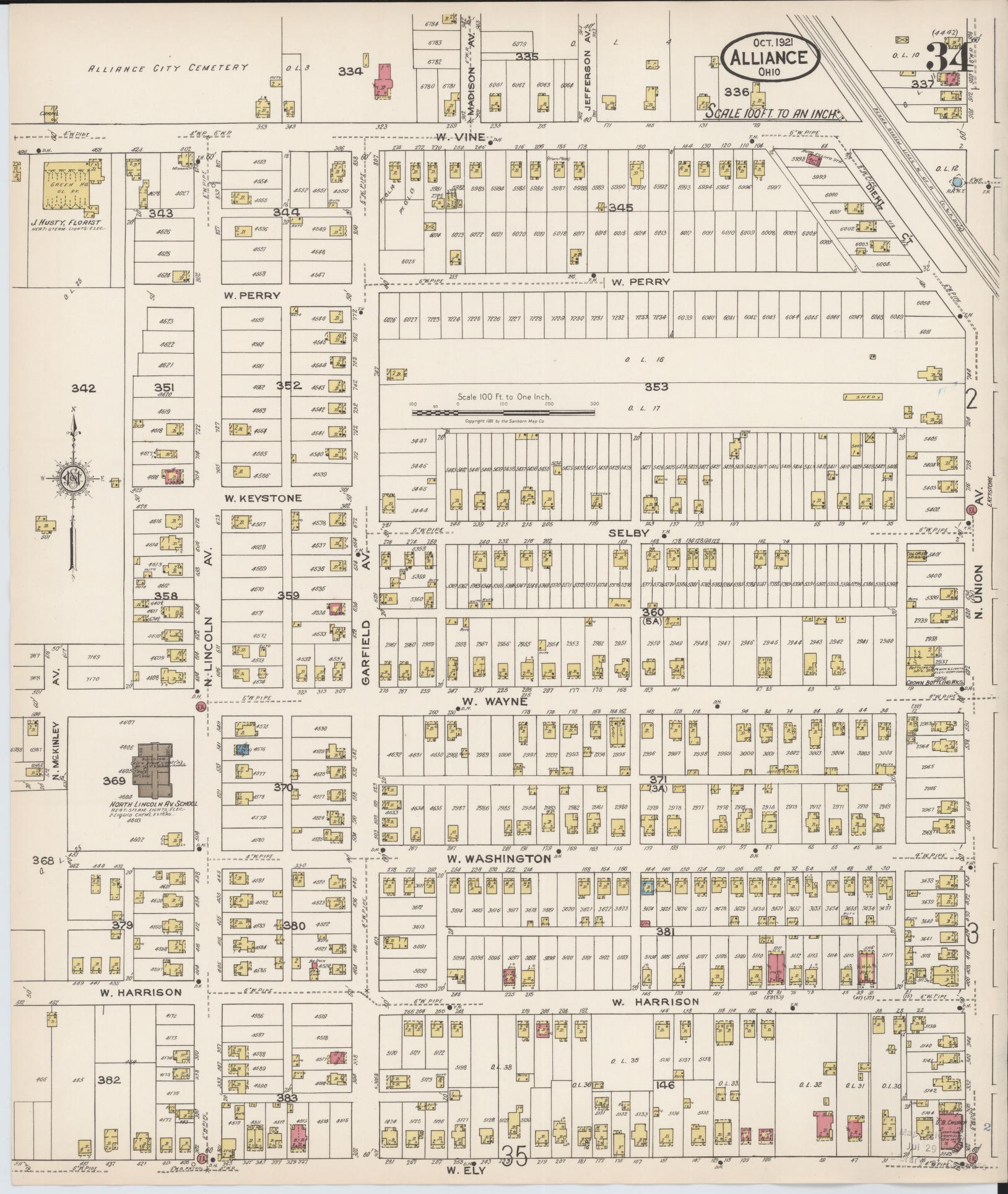 Sanborn Fire Insurance Map from Alliance, Stark County, Ohio (1921), Sheet #0034 - Complete Map Set gallery image, historic Sanborn map, vintage wall art, Ohio Ohio