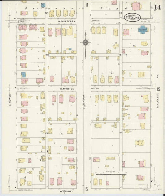 Sanborn Fire Insurance Map from Fort Collins, Larimer County, Colorado (1909), Sheet #0014 - Historic Sanborn Fire Insurance Map Print, vintage old map wall art, antique decor, genealogy gift, Colorado Colorado map