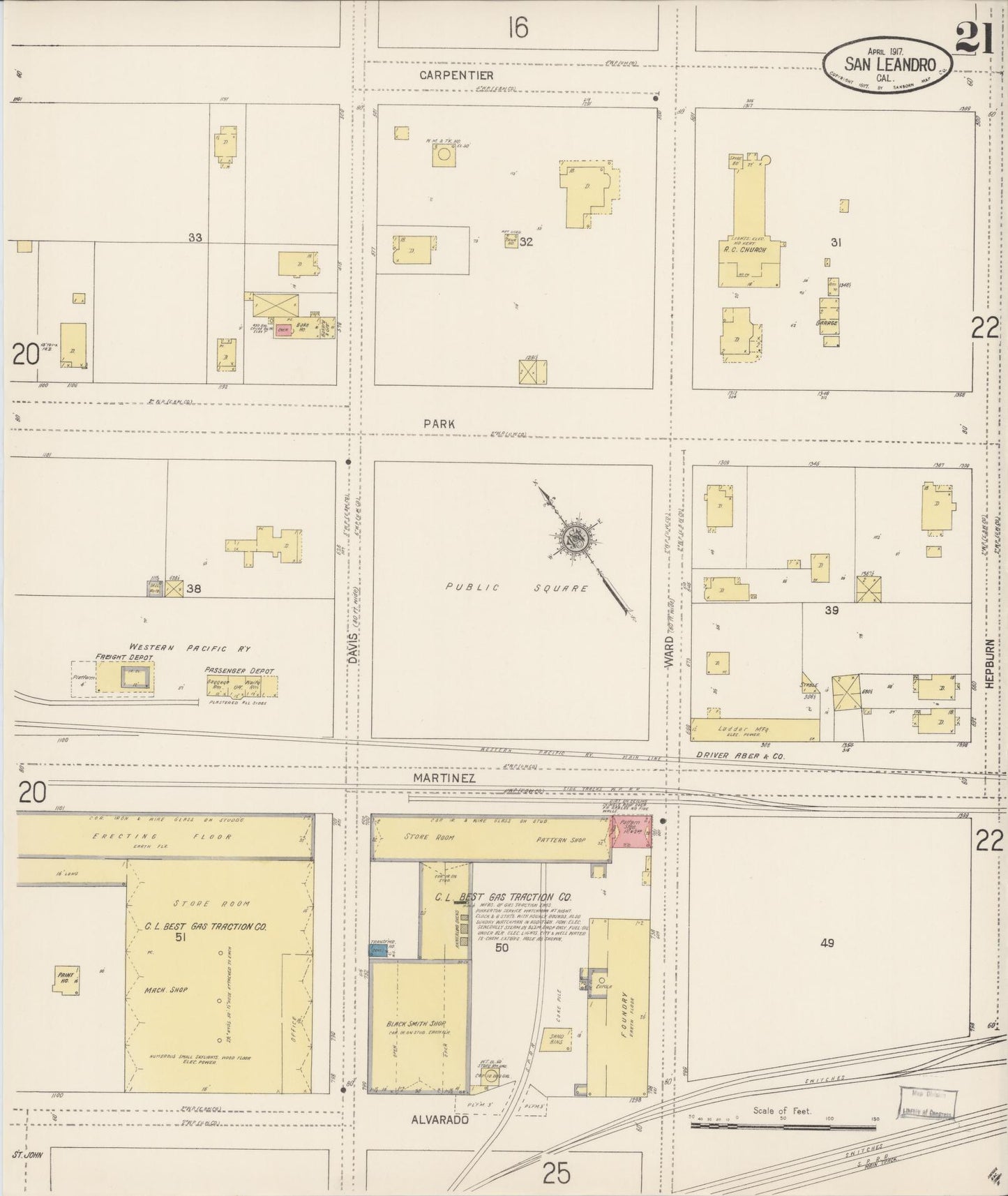 Sanborn Fire Insurance Map from San Leandro, Alameda County, California (1917), Sheet #0021 - Complete Map Set gallery image, historic Sanborn map, vintage wall art, California California