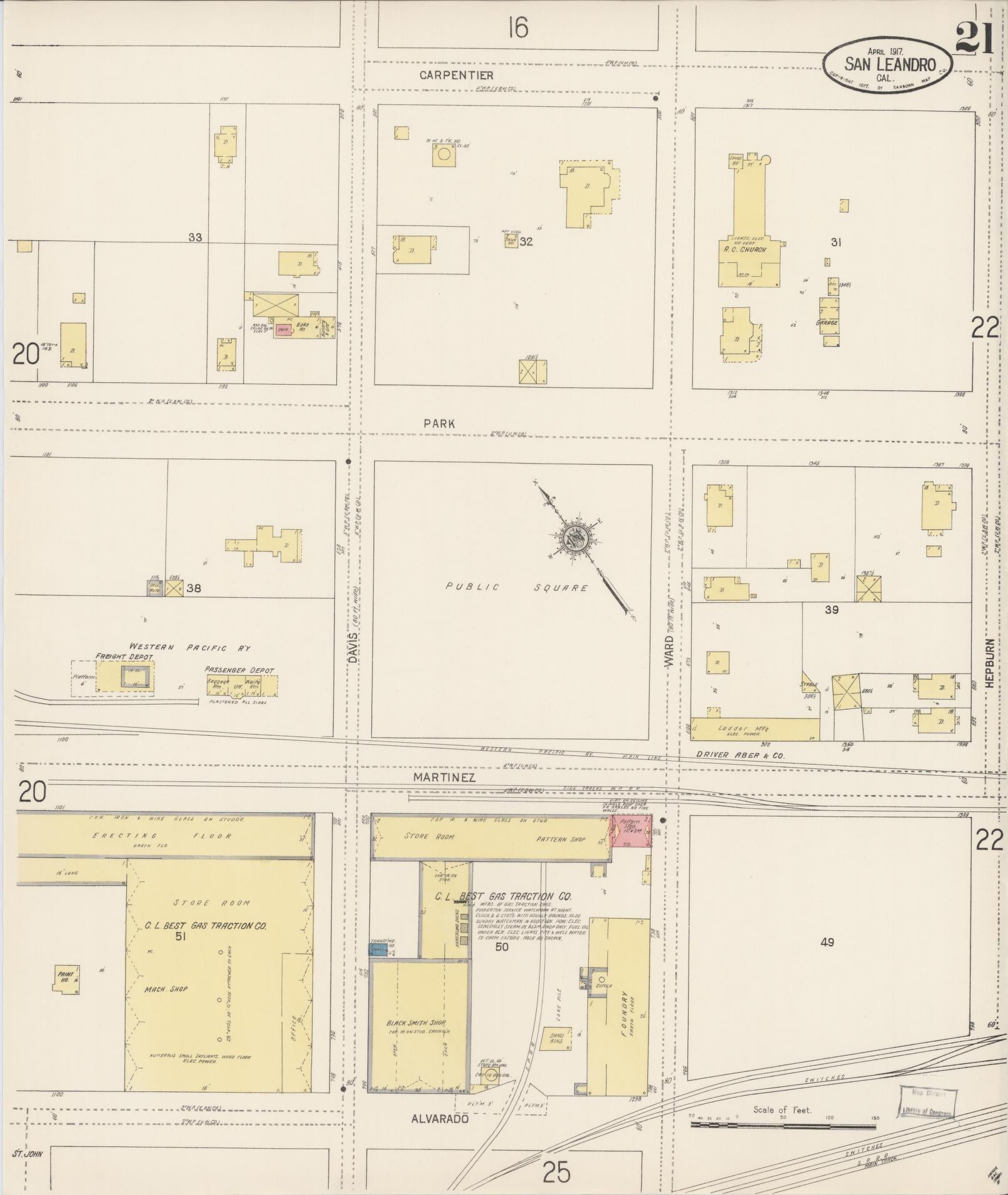Sanborn Fire Insurance Map from San Leandro, Alameda County, California (1917), Sheet #0021 - Complete Map Set gallery image, historic Sanborn map, vintage wall art, California California