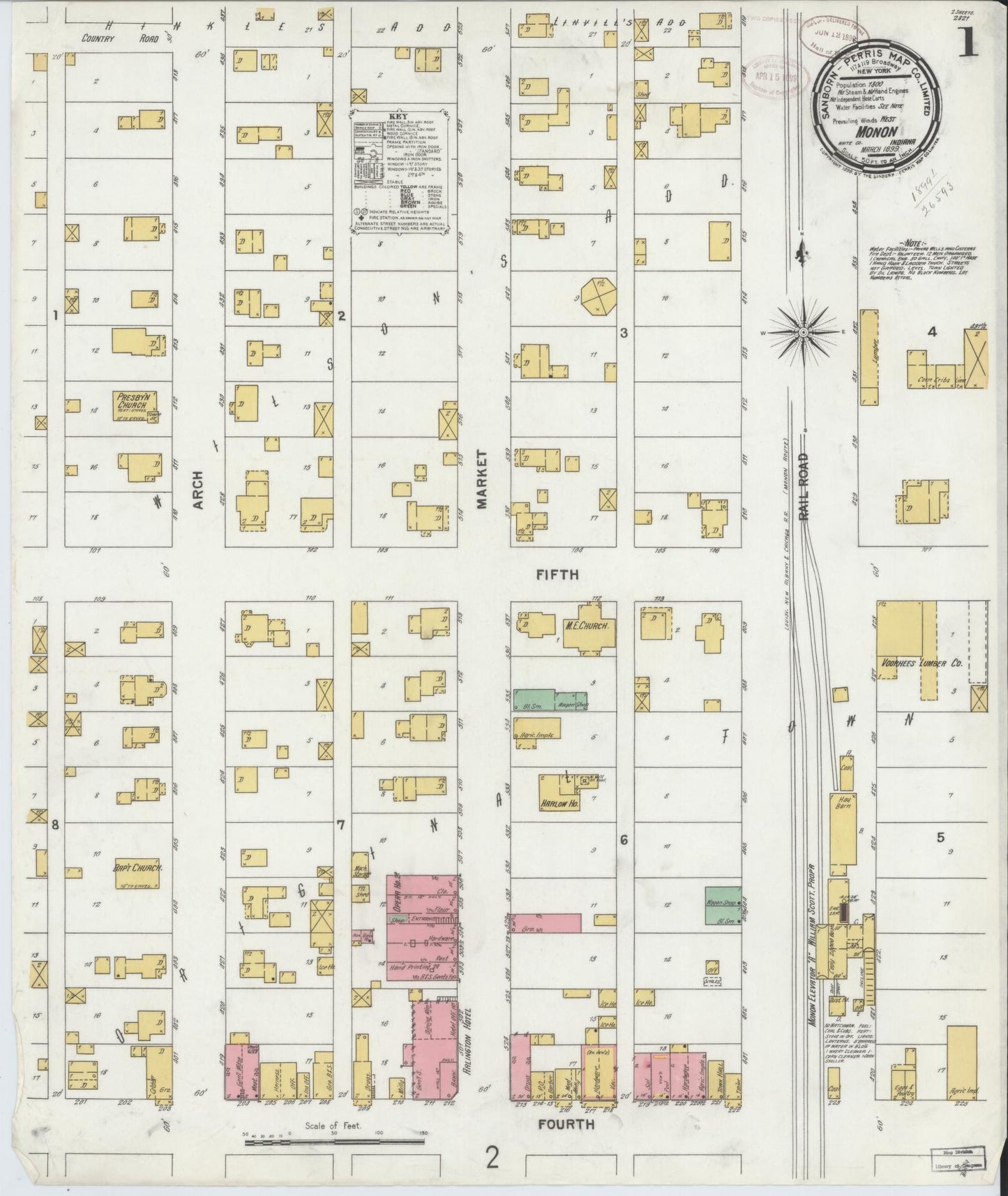 Sanborn Fire Insurance Map from Monon, White County, Indiana (1899), Sheet #0001 - Historic Sanborn Fire Insurance Map Print, vintage old map wall art, antique decor, genealogy gift, Indiana Indiana map