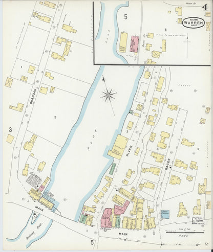 Sanborn Fire Insurance Map from Warren, Worcester County, Massachusetts (1896), Sheet #0004 - Historic Sanborn Fire Insurance Map Print, vintage old map wall art, antique decor, genealogy gift, Massachusetts Massachusetts map