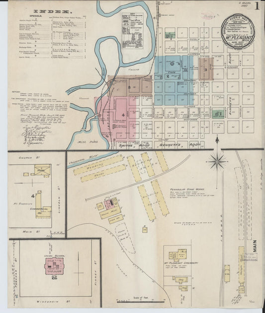 Sanborn Fire Insurance Map from Mount Pleasant, Isabella County, Michigan (1890), Sheet #0001 - Complete Map Set gallery image, historic Sanborn map, vintage wall art, Michigan Michigan