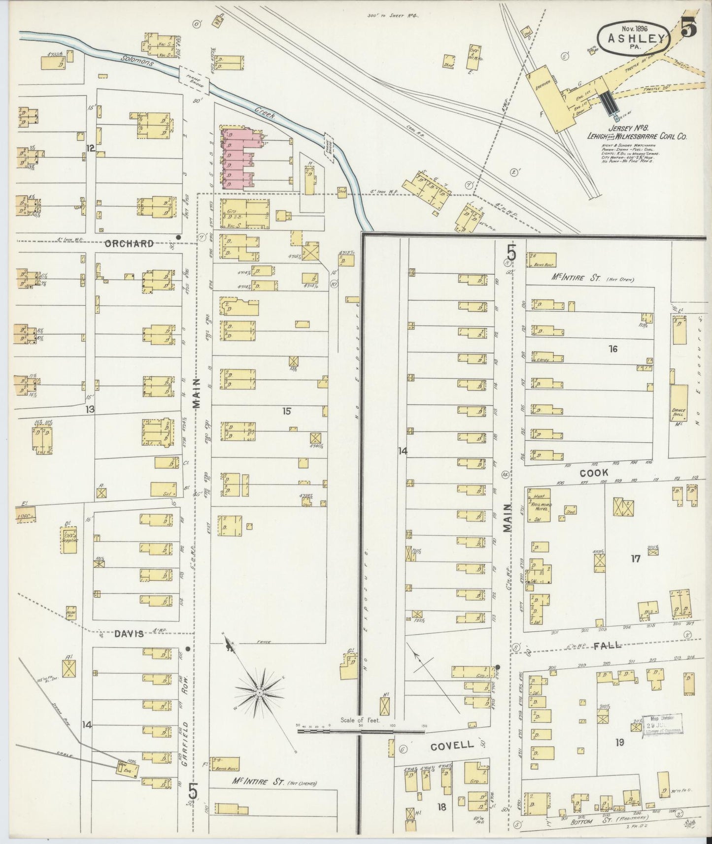 Sanborn Fire Insurance Map from Ashley, Luzerne County, Pennsylvania (1896), Sheet #0005 - Historic Sanborn Fire Insurance Map Print, vintage old map wall art, antique decor, genealogy gift, Pennsylvania Pennsylvania map
