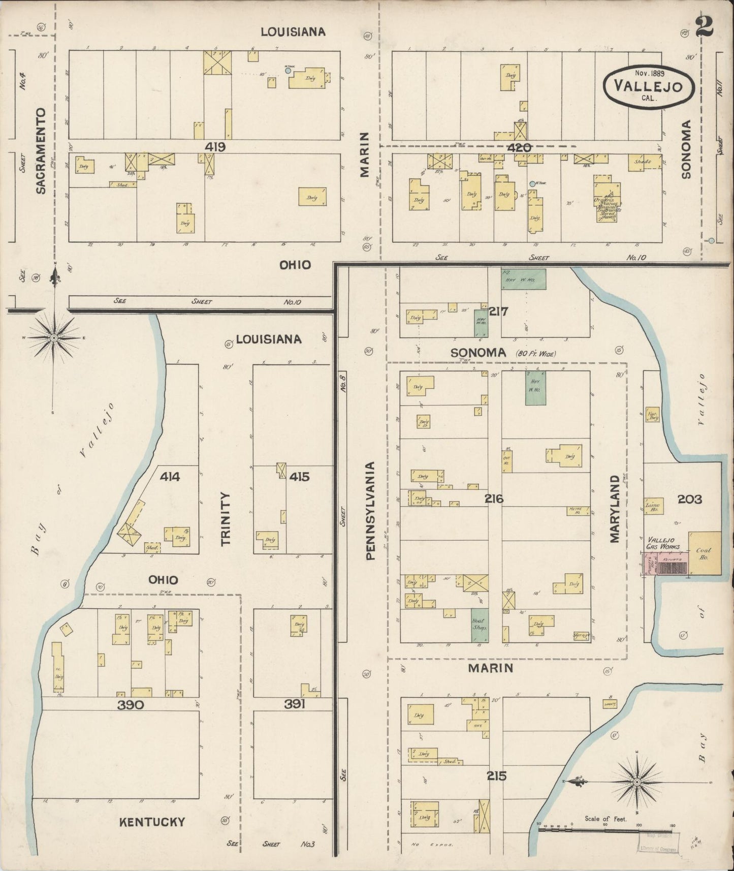 Sanborn Fire Insurance Map from Vallejo, Solano County, California (1889), Sheet #0002 - Complete Map Set gallery image, historic Sanborn map, vintage wall art, California California