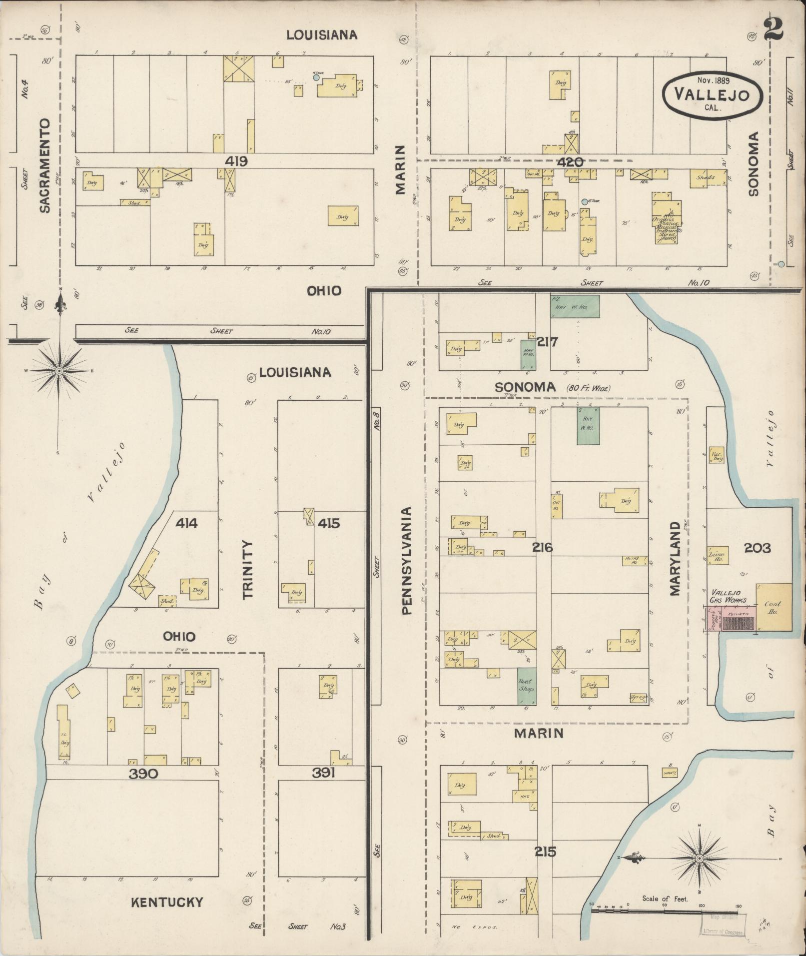 Sanborn Fire Insurance Map from Vallejo, Solano County, California (1889), Sheet #0002 - Complete Map Set gallery image, historic Sanborn map, vintage wall art, California California