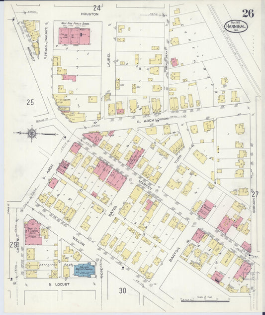 Sanborn Fire Insurance Map from Hannibal, Marion County, Missouri (1913), Sheet #0026 - Historic Sanborn Fire Insurance Map Print, vintage old map wall art, antique decor, genealogy gift, Missouri Missouri map