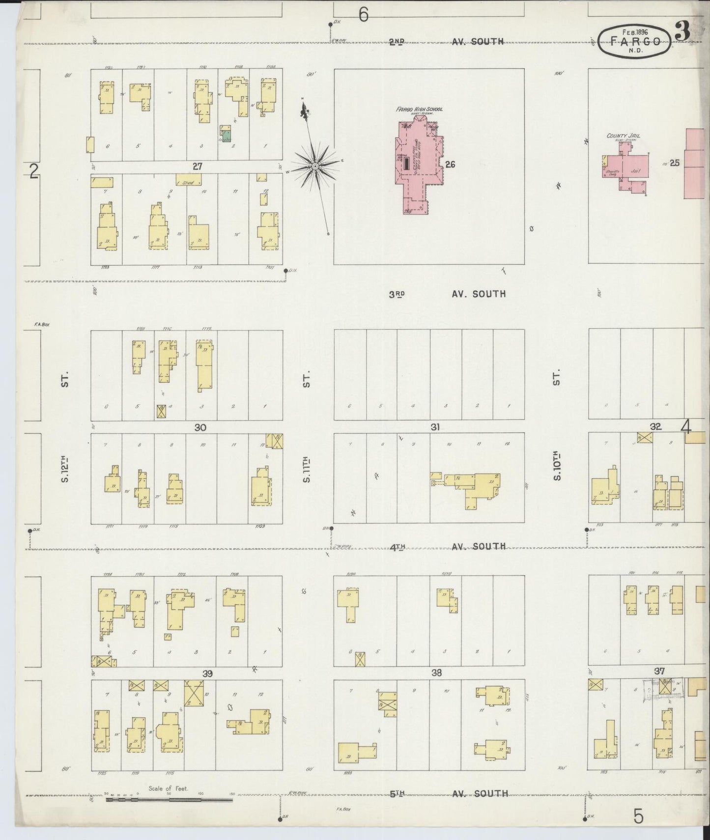 Sanborn Fire Insurance Map from Fargo, Cass County, North Dakota (1896), Sheet #0003 - Historic Sanborn Fire Insurance Map Print, vintage old map wall art, antique decor, genealogy gift, North Dakota North Dakota map