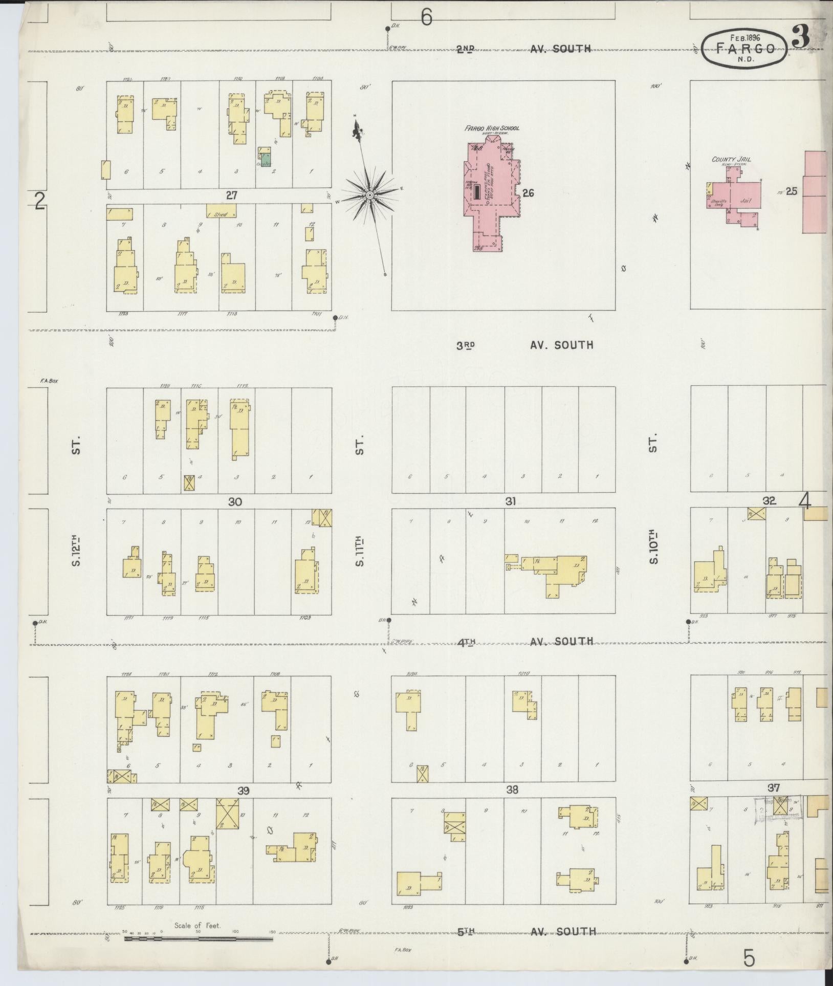 Sanborn Fire Insurance Map from Fargo, Cass County, North Dakota (1896), Sheet #0003 - Historic Sanborn Fire Insurance Map Print, vintage old map wall art, antique decor, genealogy gift, North Dakota North Dakota map