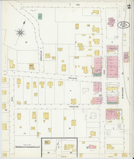 Sanborn Fire Insurance Map from Dyer, Gibson County, Tennessee (1907), Sheet #0002 - Historic Sanborn Fire Insurance Map Print, vintage old map wall art, antique decor, genealogy gift, Tennessee Tennessee map