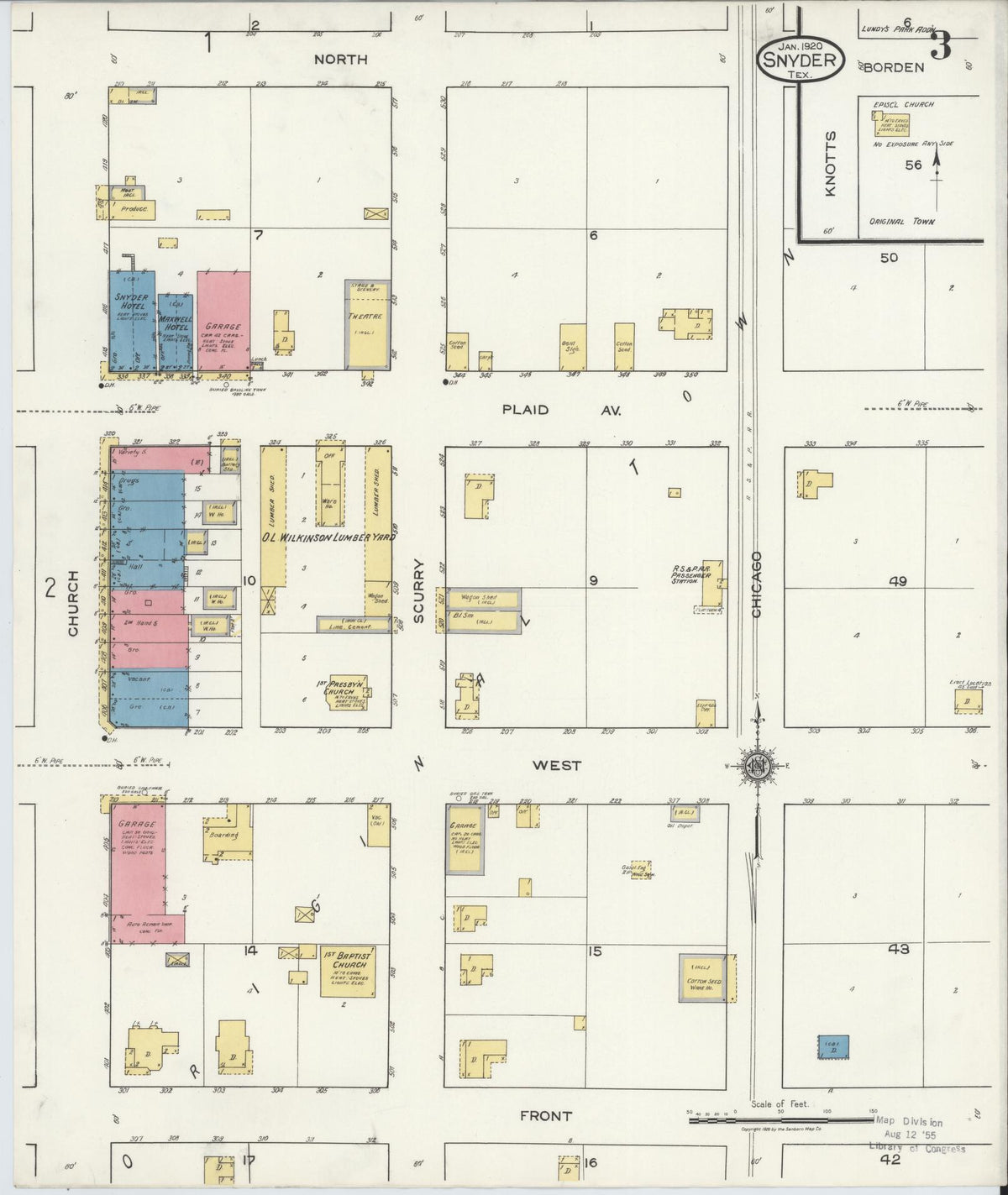 Sanborn Fire Insurance Map from Snyder, Scurry County, Texas (1920), Sheet #0003 - Complete Map Set gallery image, historic Sanborn map, vintage wall art, Texas Texas